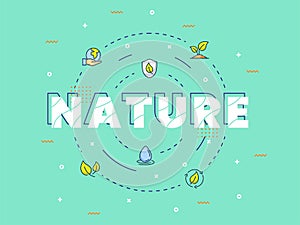 Nature lettering around set icons package green isolated background with modern flat color cartoon style