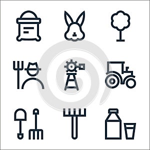 nature line icons. linear set. quality vector line set such as milk bottle, pitchfork, garden fork, tractor, wind mill, farmer,