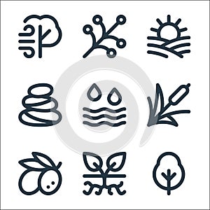 Nature line icons. linear set. quality vector line set such as tree, plant, olive, reed, water, stones, field, branch