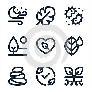 Nature line icons. linear set. quality vector line set such as plant, ecology, stones, leaf, eco friendly, day, bacteria, leaf