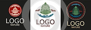 The nature logo. Ethnic style. Christmas trees and a river in a circle