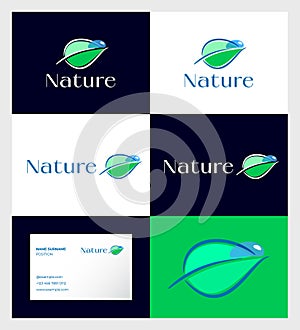 Nature logo. Leaf with a drop of dew. Symbol of natural life and freshness. Identity. Business card.