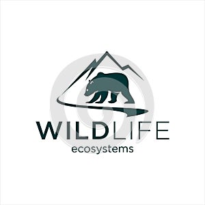 Nature Logo with Mountain and River also Grizzly Bear