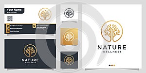 Nature logo with simple golden tree concept and business card design Premium Vector