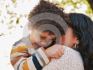 Nature, love and mother with child hugging, playing and bonding at an outdoor park on adventure. Happy, smile and young