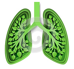 Nature lungs with leaves, vector illustration in paper art style. Green lungs of planet Earth. Save environment, ecology