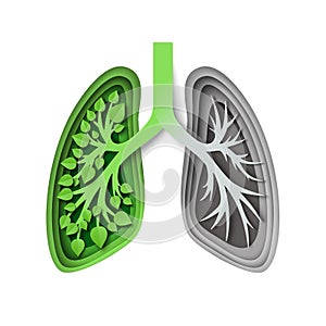 Nature lungs with leaves and without, vector illustration in paper art style. Save nature, environment. Ecology concept