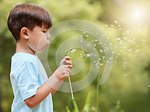 Nature, meadow and child blowing dandelion for wish, hope and growth in field with flowers. Spring, childhood and