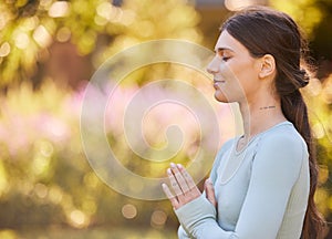 Nature meditation, peace and zen woman doing yoga, pilates or spiritual wellness training, fitness or soul aura healing