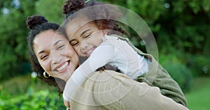 Nature, mom and daughter piggy back in Puerto Rico together for affection, attachment and love. Happy family, care and
