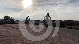 Nature, mountain bike and sports people cycling on outdoor ride, desert journey or off road transportation exercise