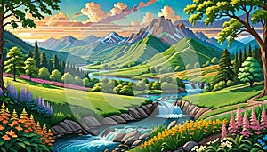 Nature mountain flower landscape fast river water flow