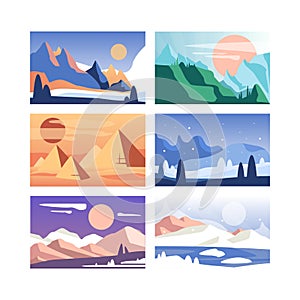 Nature Mountain Scene and Landscape View with Cliff and Summit Silhouette Vector Set