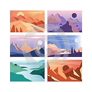 Nature Mountain Scene and Landscape View with Cliff and Summit Silhouette Vector Set