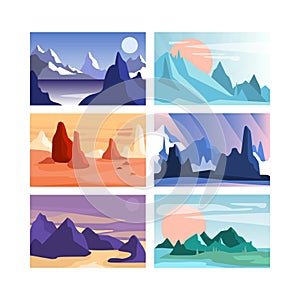 Nature Mountain Scene and Landscape View with Cliff and Summit Silhouette Vector Set