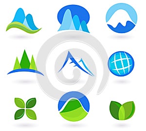 Nature, mountain and turism icons - blue and green photo