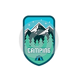 Nature mountains - concept logo badge vector illustration in flat style. Outdoor adventure creative sign. Summer camping symbol.