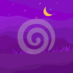 Nature night outdoor on the way landscape countryside with hills,moon,sky,star,abstract background wallpaper vector illustration