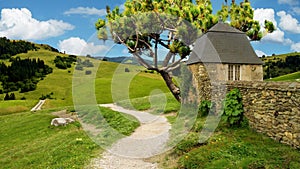 Nature, old house by the road, tree, landscape of moun tains, stone fence