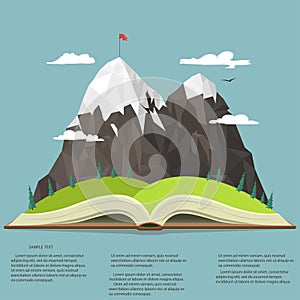 Nature in opened book. camping graphics, outdoor traveling illustration