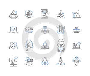 Nature and outdoors line icons collection. Trees, Mountains, River, Ocean, Sky, Clouds, Sunrise vector and linear