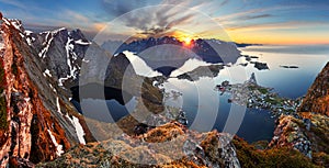 Nature panorama mountain landscape at sunset, Norway.