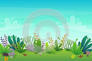 Nature park background. green grass on the lawn field, bushes plants and flowers, trees landscape. comic book style vector scenery