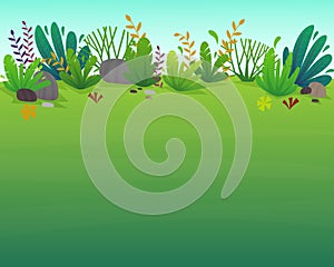 Nature park background. green grass on the lawn field, bushes plants and flowers, trees landscape. comic book style vector scenery
