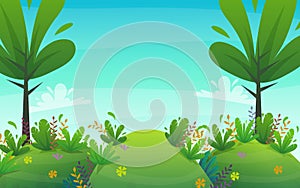 Nature park background. green grass on the lawn field, bushes plants and flowers, trees landscape. comic book style vector scenery