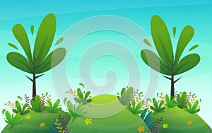 Nature park background. green grass on the lawn field, bushes plants and flowers, trees landscape. comic book style vector scenery