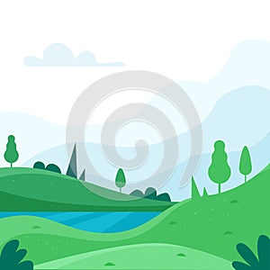Nature park or forest outdoor background with mountains. Flat cartoon style