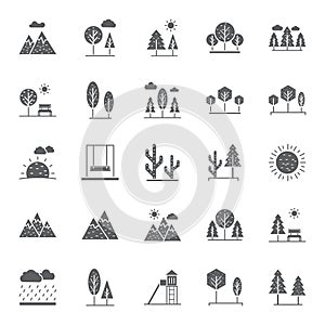 Nature, Parks and Trees Isolated Vector Icons Set that can be easily modified and Edit in any Size or Color