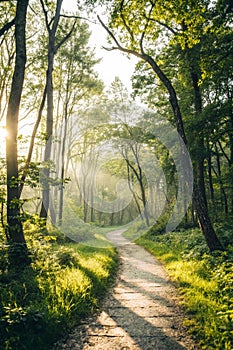 Nature path in forest with sunshine