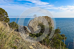 Nature photos on the Golitsyn trail. Landscapes of the Black Sea and the Crimean mountains in greenery. Crimea.