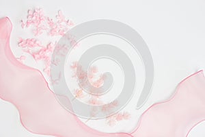 Nature pink flowers with ribbon over thew white background.