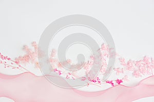 Nature pink flowers with ribbon over thew white background.