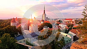 Nature Pink Sunset in The City  skyline beautiful horizon  landscape Tallinn Old Town Tallinn Panoramic view from the balcony of