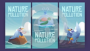 Nature pollution poster with garbage and oil spill