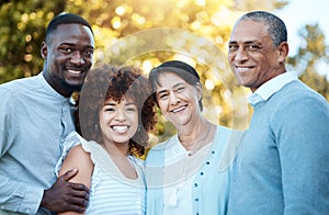 Nature, portrait and people with senior parents in an outdoor park for bonding together. Happy, smile and young man and