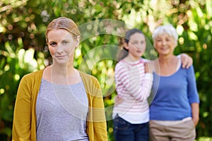 Nature, portrait and woman with child and grandmother in outdoor park, field or garden together. Happy, smile and female