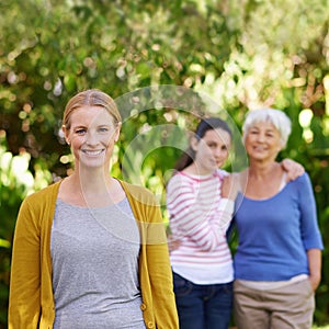 Nature, portrait and woman with kid and grandmother in outdoor park, field or garden together. Happy, smile and female