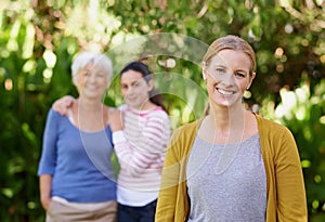 Nature, portrait and woman with teenager and grandmother in outdoor park, field or garden together. Happy, smile and