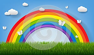 Nature Poster With Green Grass Border And Rainbow