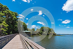 Nature preserve park with a boardwalk on Lake Dora in Mount Dora, Florida