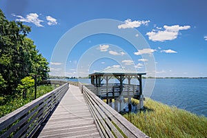 Nature preserve park with a boardwalk on Lake Dora in Mount Dora, Florida