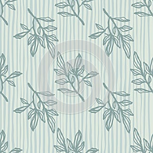 Nature print with branches seamless pattern. Navy contoured botanic ornament with light blue stripped background