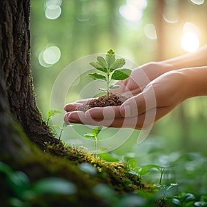 Nature protection Hand safeguards a tree, sunlight bathes green background