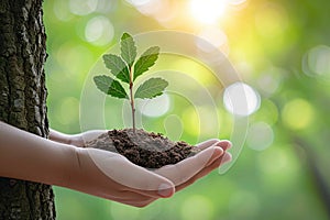 Nature protection Hand safeguards a tree, sunlight bathes green background