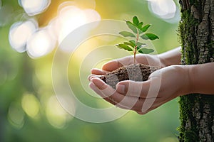 Nature protection Hand safeguards a tree, sunlight bathes green background