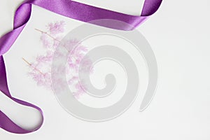 Nature purple flowers with ribbon over thew white background.